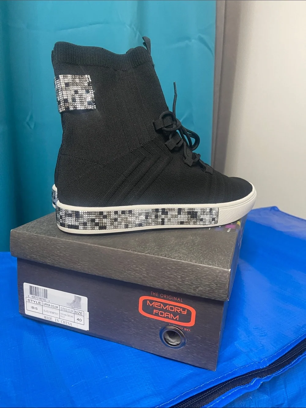 bernie mev. Black Knit High-Top Lace-Up Sneakers with White Sole